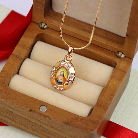 "Sacred Heart Rose Gold Pendant with Crystals – Religious Jewelry, XPPT1737 - Picture 3 of 13